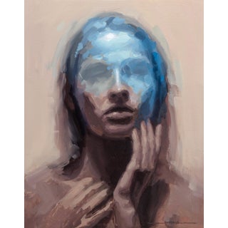 Renewal by Josh Sorrell | Oil on Panel Portrait of a figure with a blue face and hands. For Sale
