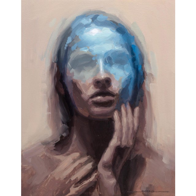 Renewal by Josh Sorrell | Oil on Panel Portrait of a figure with a blue face and hands. For Sale