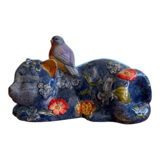 Le Jardin 12" Blue Ceramic Sleeping Cat Figurine W/ Bird & Floral Design – Rare For Sale