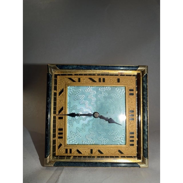 Antique Swiss Art Deco Travel or Desk Clock With Guilloché Enamel For Sale - Image 11 of 15