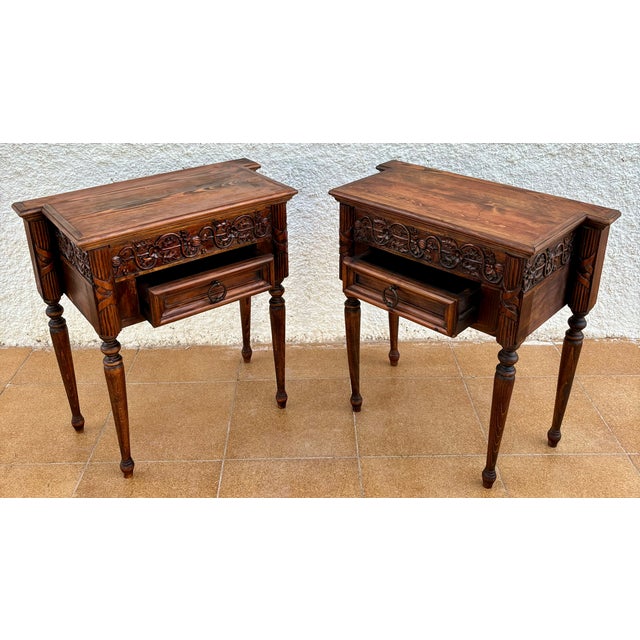 Pair of Spanish Carved Oak Nightstands With Drawer, 1930s For Sale - Image 9 of 15