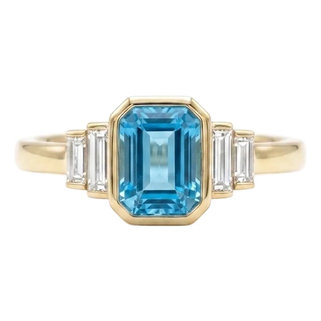 Swiss Blue Topaz Engagement Ring | Emerald Cut Blue Gemstone Ring Us 7 For Sale