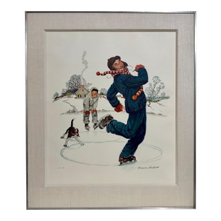 Norman Rockwell Original Lithograph Ice Skating Hand Signed Americana 1976 For Sale