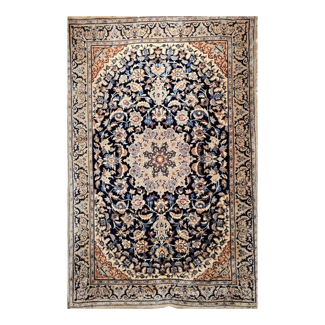 Vintage Nain Area Rug, Hand-Knotted Wool & Silk, Floral Pattern, 4x6, Navy & Ivory For Sale