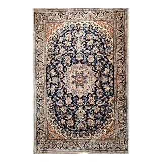 Vintage Persian Nain Area Rug, Hand-Knotted Wool & Silk, Floral Pattern, 4x6, Navy & Ivory For Sale
