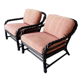 Boho Chic Twisted Bamboo Lounge Chairs With Honey Comb Cushions by McGuire - a Pair For Sale