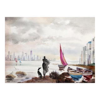 New York View, Erik Freyman Watercolor With Pastels on Paper, Signed in Pen For Sale