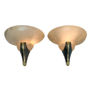 Art Deco Alabaster and Bronze Wall Sconces, 1950s, Set of 2 For Sale