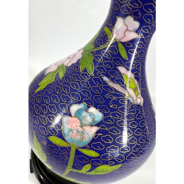 1980s 1980's Blue Cloisonné Vases With Pink Peonies and Cherry Blossoms , a Pair, Boxed With Carved Wood Stands For Sale - Image 5 of 7