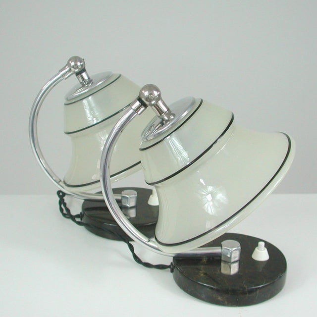 German Art Deco Enameled Satin Glass, Marble and Aluminum Table Lamps, 1930s, Set of 2 For Sale - Image 16 of 18