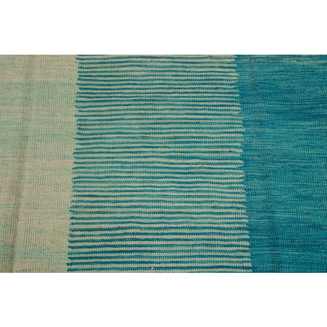 Teal Modern Expressionist Flat-Weave Room Size Wool Rug For Sale - Image 12 of 13
