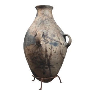 Vintage Monumental Abstract Expressionist Tonaltepec Amphora Style Handled Clay Vessel W/Custom Stand For Sale
