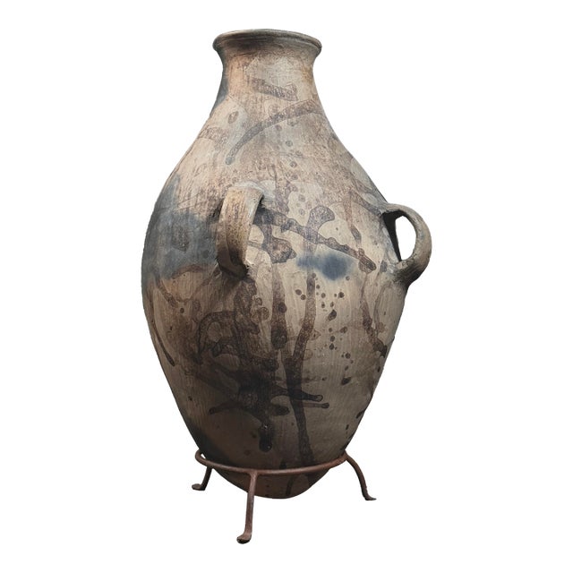 Vintage Monumental Abstract Expressionist Tonaltepec Amphora Style Handled Clay Vessel W/Custom Stand For Sale