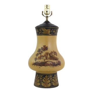 Vintage Hand Painted Table Lamp Mustard Yellow Country Landscape With Bridge and Foliage Motif For Sale