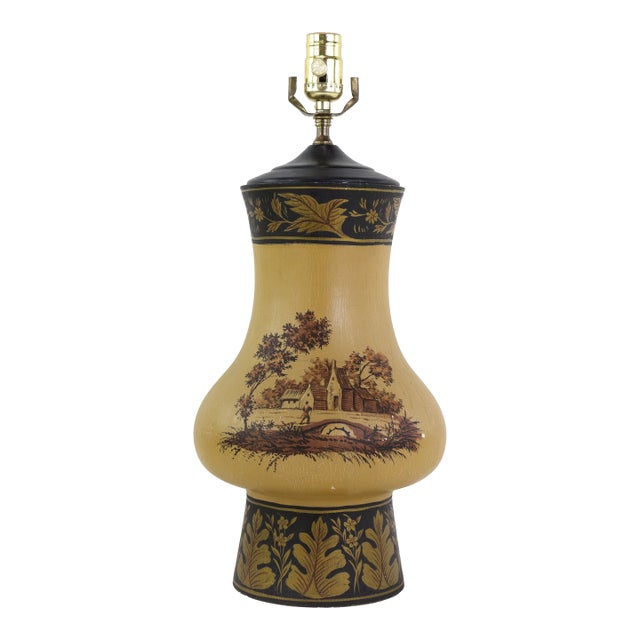 Vintage Hand Painted Table Lamp Mustard Yellow Country Landscape With Bridge and Foliage Motif For Sale