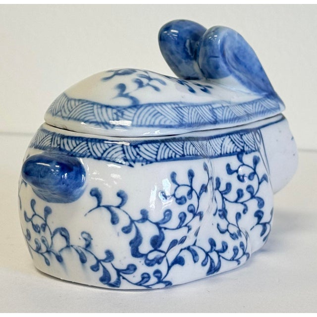 Blue Vintage Blue and White Ceramic Floral Bunny Rabbit Lidded Box For Sale - Image 8 of 8