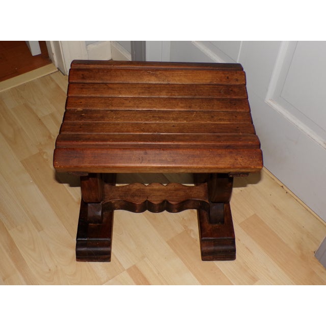 Brown Vintage Slat Bench Solid Wood Trestle Stool Vanity Chair Rustic Cabin Decor For Sale - Image 8 of 12