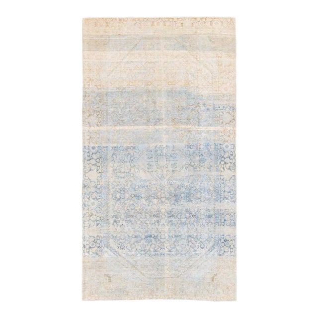 Antique Blue and Beige Mahal Handmade Medallion Floral Wool Rug For Sale