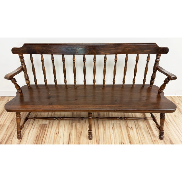 Mid-Century Modern Vintage Ethan Allen Pine Wood Windsor Style Bench For Sale - Image 3 of 10