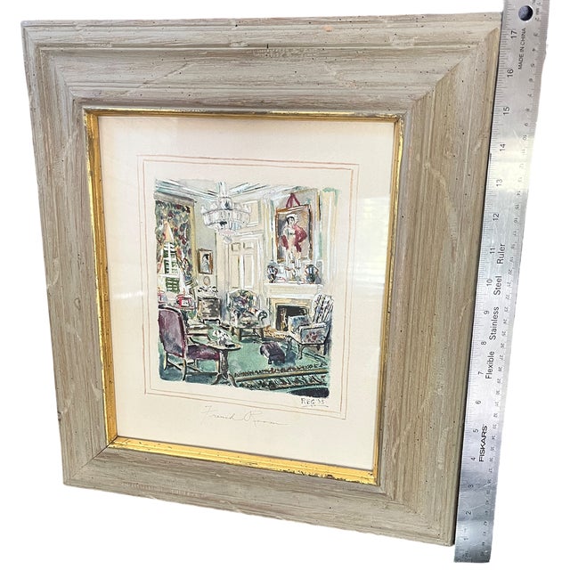 1935 “French Room” Signed Watercolor Interior Painting in Gilt-Trimmed Wood Frame For Sale - Image 9 of 10