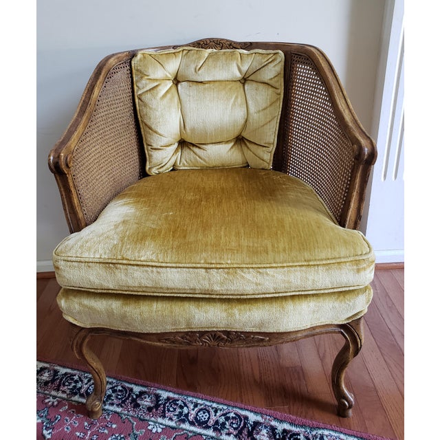 French Bergere Walnut Caned and Upholstered Chair in Mustard Velvet