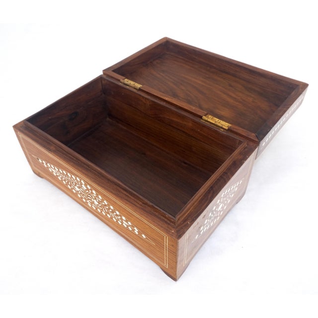 Wood Late 20th Century Large Solid Teak Inlaid Jewlery Box w/ Geometric & Floral Motifs For Sale - Image 7 of 12