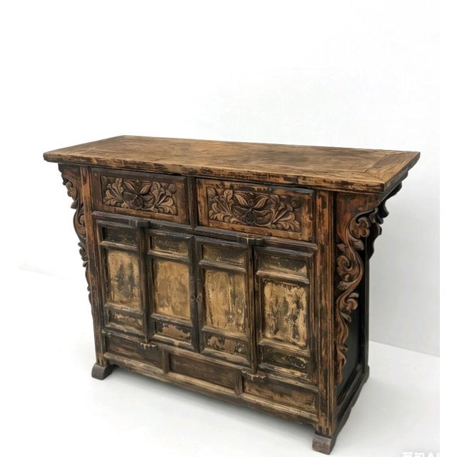 Chinese Carved Elm Dual-Drawer Cabinet For Sale - Image 3 of 5