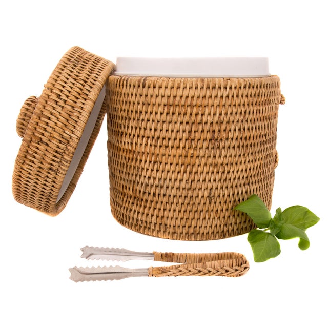 Boho Chic Artifacts Rattan Ice Bucket With Tongs For Sale - Image 4 of 4