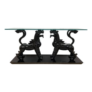 1970s Lacquered Griffin Glass Top Console Table For Sale