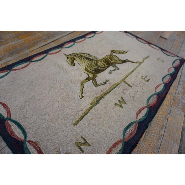 Mid Century Vintage American Folk Art Horse Weathervane Design Wool Pile Hooked Equestrian Area Rug For Sale - Image 4 of 11