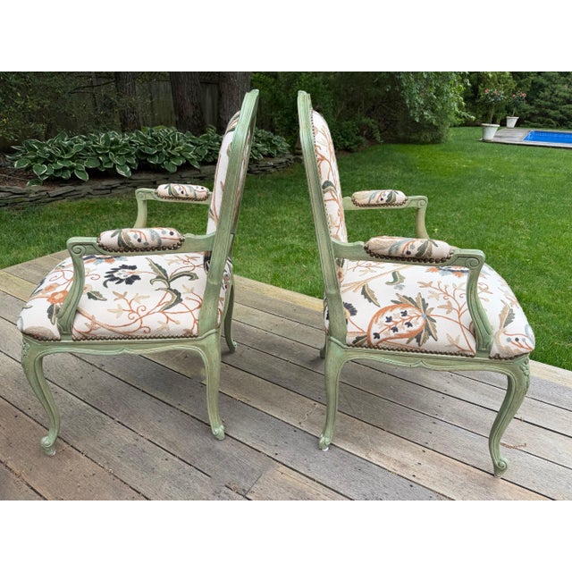 Pair of Custom Botanical Floral Crewel Work Painted Fauteuil Accent Chairs in Sage Green, Ochre and Teal For Sale - Image 16 of 18