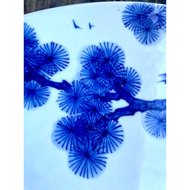 Ceramic Mid 20th Century Monumental Japanese Blue & White Porcelain Charger With Hawk & Pine Landscape For Sale - Image 7 of 15