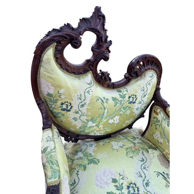 19th Century Carved Rococo Revival Bergere Armchair With Ram's Head Knees, Louis XV For Sale - Image 4 of 17
