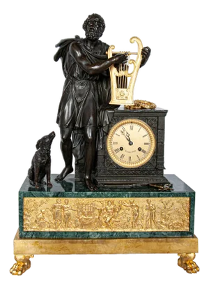 Antique French Empire Gilt Bronze & Marble Statue Clock of Homer by Ravrio 1810