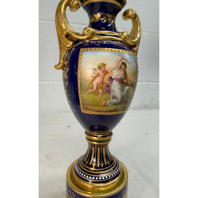 19th Century Antique Hand Painted Royal Vienna Porcelain Cobalt Gold Lidded Vase Mini Urn For Sale - Image 5 of 16