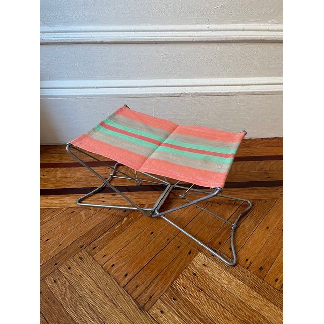 Vintage Folding Camping Stool With Striped Canvas Seat For Sale - Image 4 of 6
