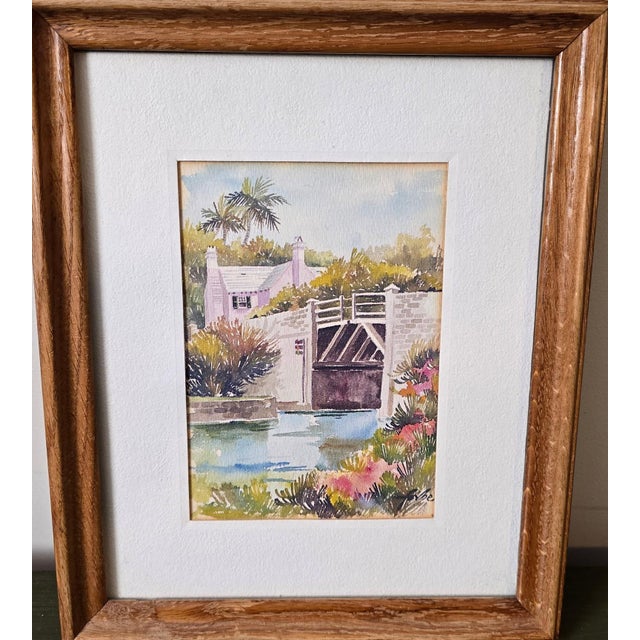 1970s Joan Forbes 'Somerset Bridge' Bermuda Lithograph in Wood Frame For Sale - Image 4 of 12