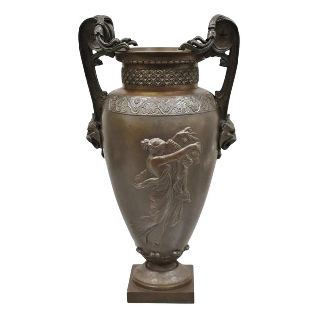 19th C Alfred Daubree French Neoclassical Bronze Figural Urn Vase With Lions For Sale