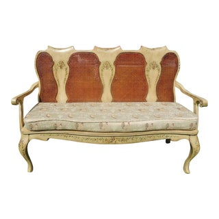 Vintage Large French Country Wood & Cane Floral Love Seat Bench For Sale
