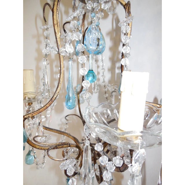 Glass French Aqua Crystal Prisms, Drops and Flowers Chandelier, Circa 1920 For Sale - Image 7 of 9