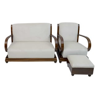 Art Deco Italian Walnut and Velvet Sofa, Armchair, and Ottoman, 1920s, Set of 3 For Sale