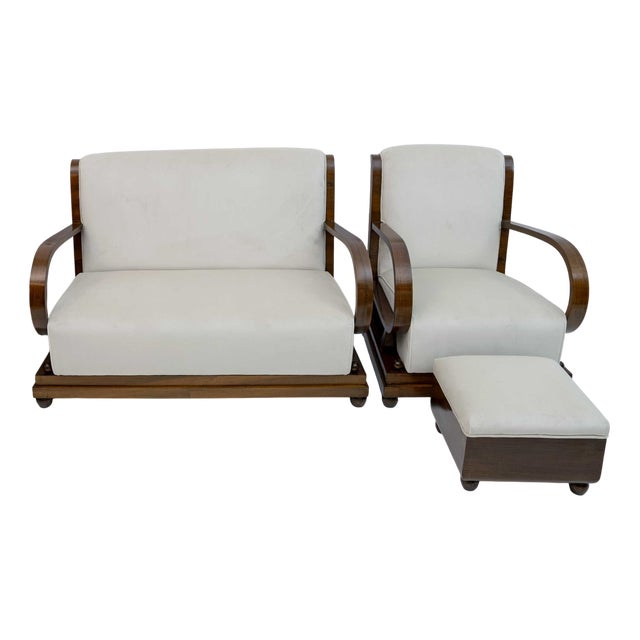 Art Deco Italian Walnut and Velvet Sofa, Armchair, and Ottoman, 1920s, Set of 3 For Sale