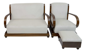 Art Deco Italian Walnut and Velvet Sofa, Armchair, and Ottoman, 1920s, Set of 3