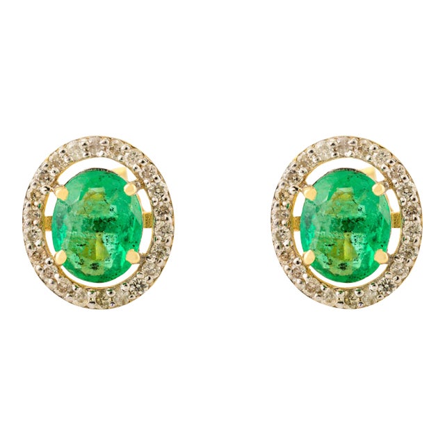 Oval Cut Emerald Halo Diamond Cluster Stud Earrings - 2 Pieces For Sale