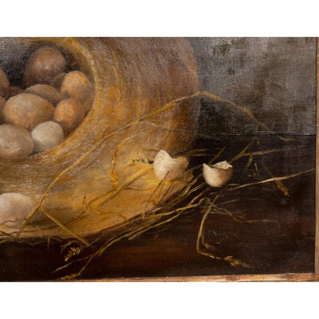 Brown Framed Oil on Canvas "Eggs in a Straw Hat" For Sale - Image 8 of 12