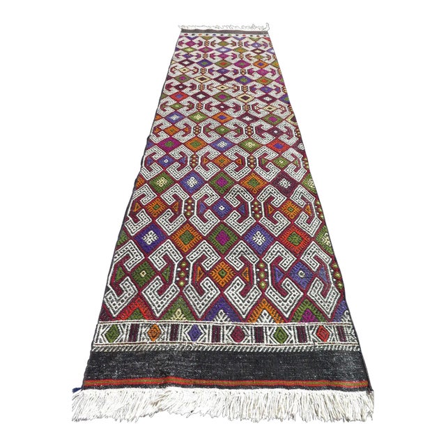 1960s Embroidered Kilim Runner Rug -28"x104" For Sale