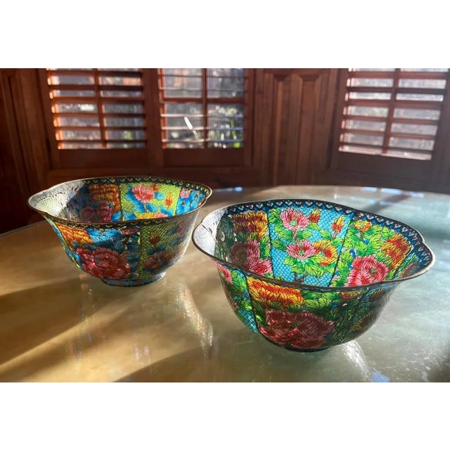 Metal Large Chinese Cloisonné Plique-à-Jour Bowls - A Pair For Sale - Image 7 of 13