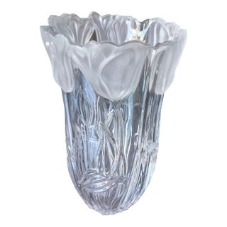 Vintage Handcrafted Block 24% Lead Crystal "Tulip Garden" Satin Accent Vase For Sale