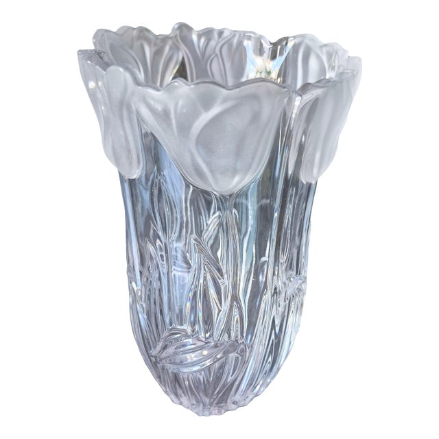 Vintage Handcrafted Block 24% Lead Crystal "Tulip Garden" Satin Accent Vase For Sale