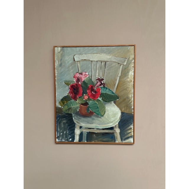 Original Vintage Swedish Oil on Canvas – “Gloxinian” by Aina Engström – Signed & Dated 1973 – Vintage & Framed – 63 × 51...